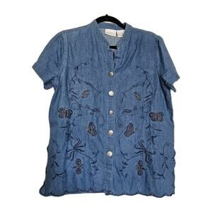 Vtg Butterfly Embroidered Denim Shirt Womens MP Dragonfly Floral Fairy Cottage